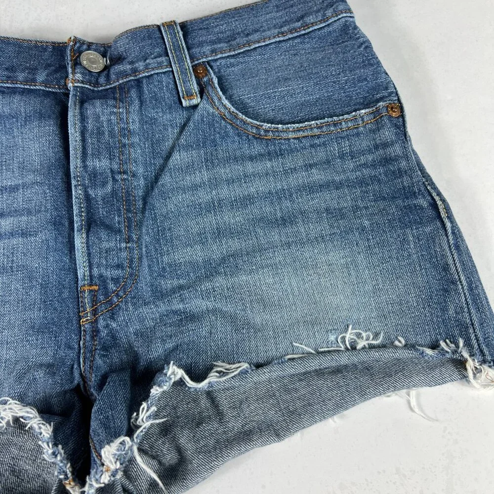 Levi's Jean Short Women 28 501 High Rise Blue Whisker Cut Off Cotton Denim Jorts - Picture 4 of 16